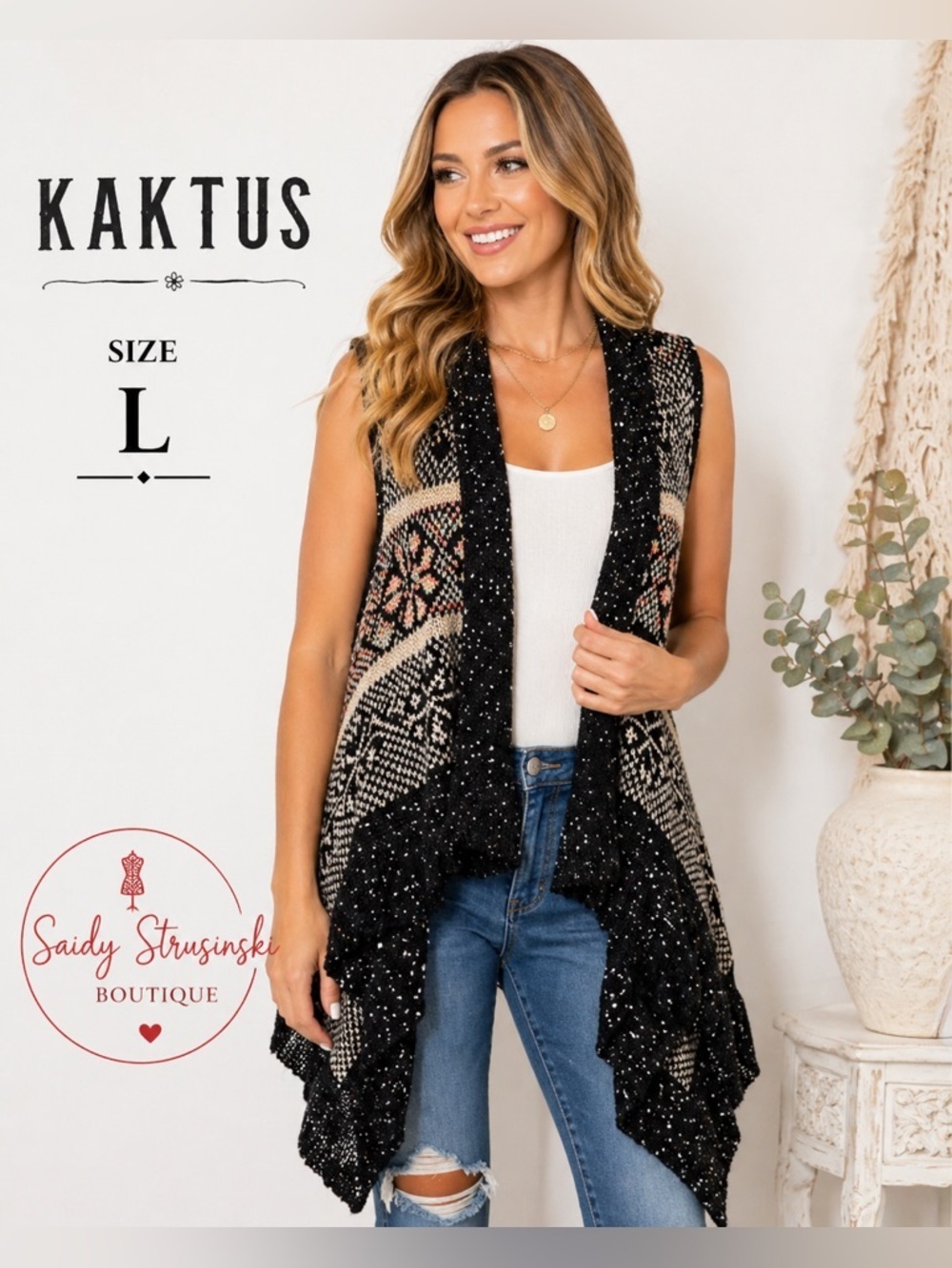 Kaktus Boho Knit Open Cardigan Vest L Waterfall Fringe Festival Style